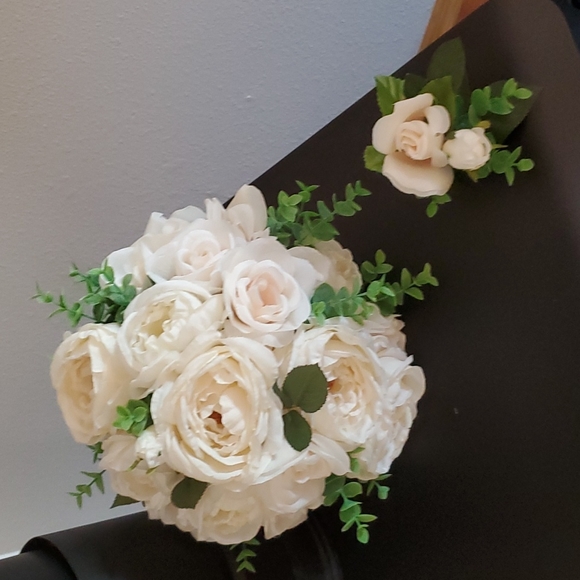 Other - New! Artificial Realistic Wedding Bride's Bouquet & Boutonniere Set! White/Cream